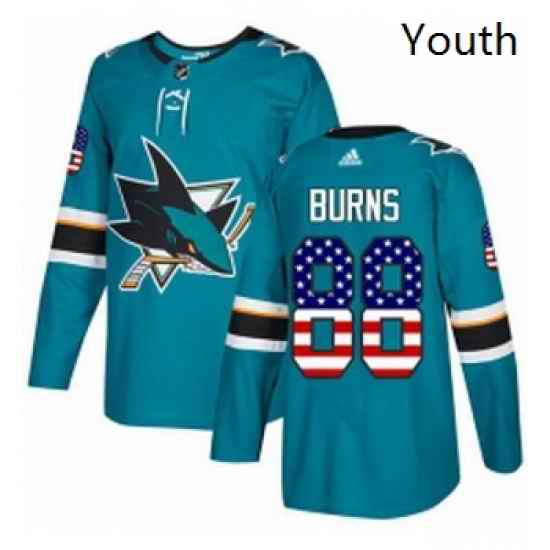 Youth Adidas San Jose Sharks 88 Brent Burns Authentic Teal Green USA Flag Fashion NHL Jersey